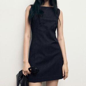 90s Pinstripe Mini Dress Short Thigh Length High Neckline Pleated Fitted Stripes